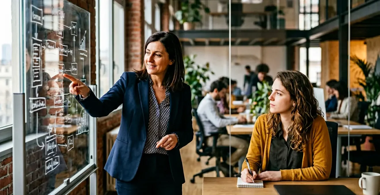Tutor aziendale guida un neoassunto attraverso processo di apprendimento pratico in ambiente lavorativo moderno