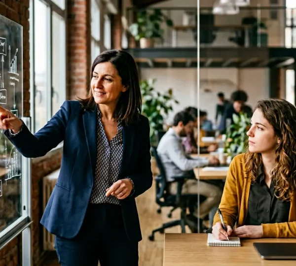 Tutor aziendale guida un neoassunto attraverso processo di apprendimento pratico in ambiente lavorativo moderno