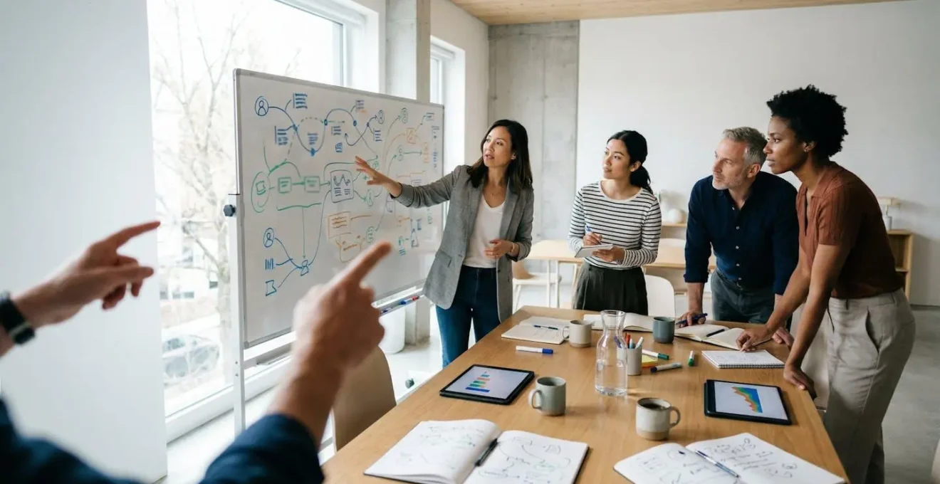 Professionisti che analizzano dati e interviste cliente su lavagna bianca con diagrammi JTBD