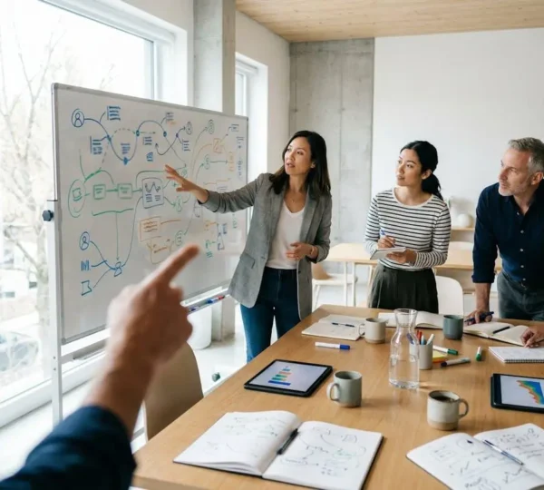 Professionisti che analizzano dati e interviste cliente su lavagna bianca con diagrammi JTBD