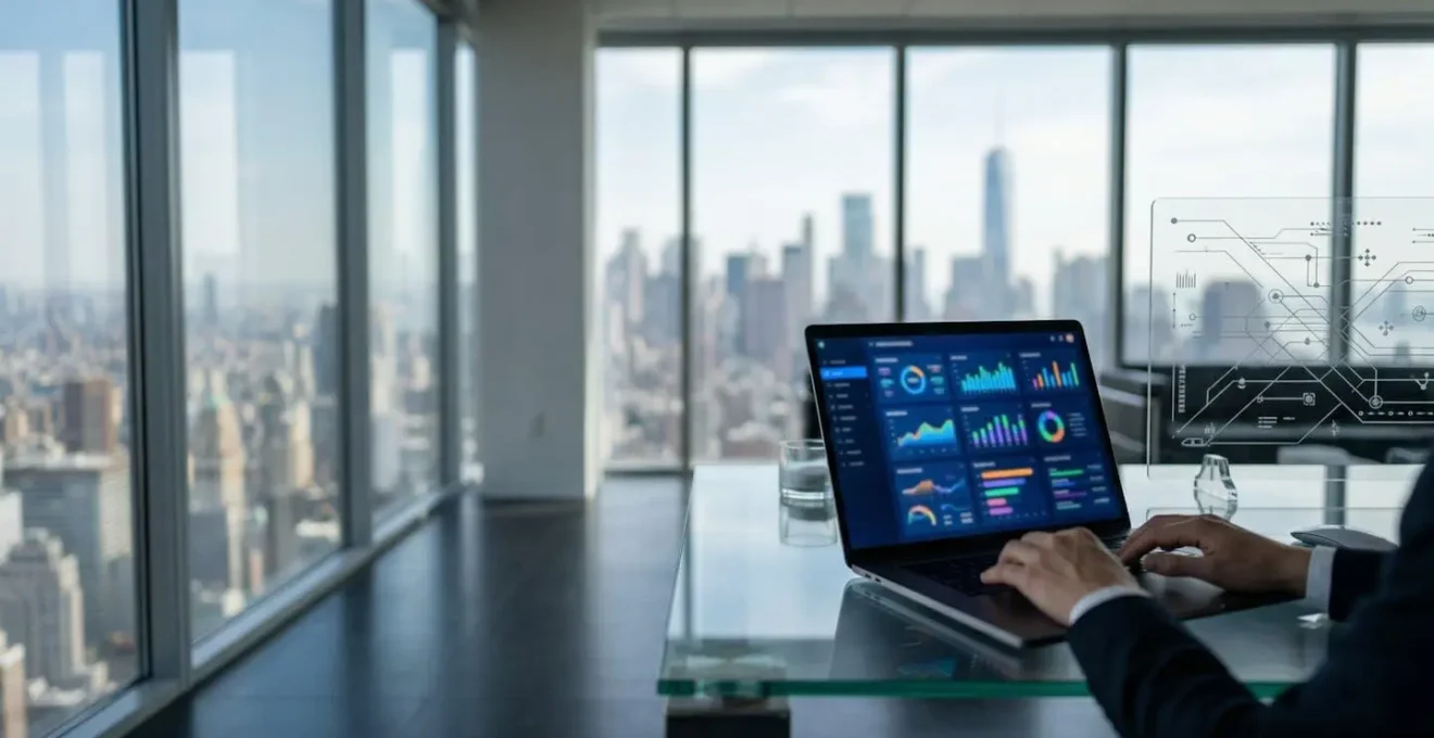 Dashboard analitico con grafici finanziari e metriche di brand awareness in un moderno ufficio