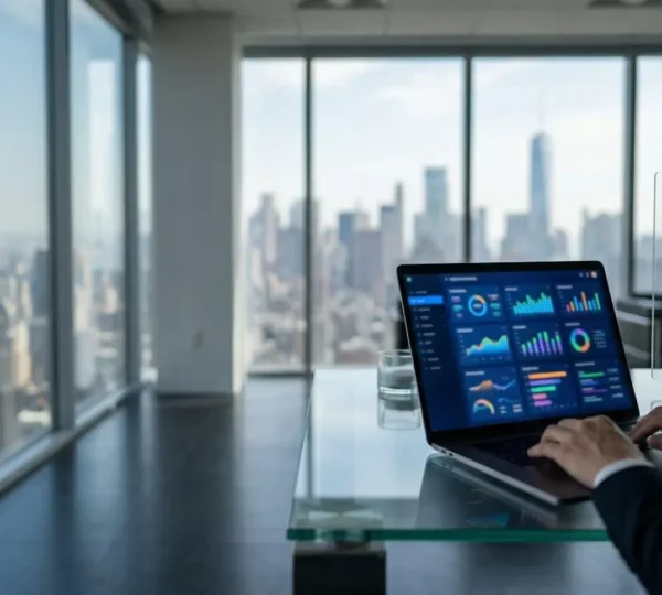 Dashboard analitico con grafici finanziari e metriche di brand awareness in un moderno ufficio