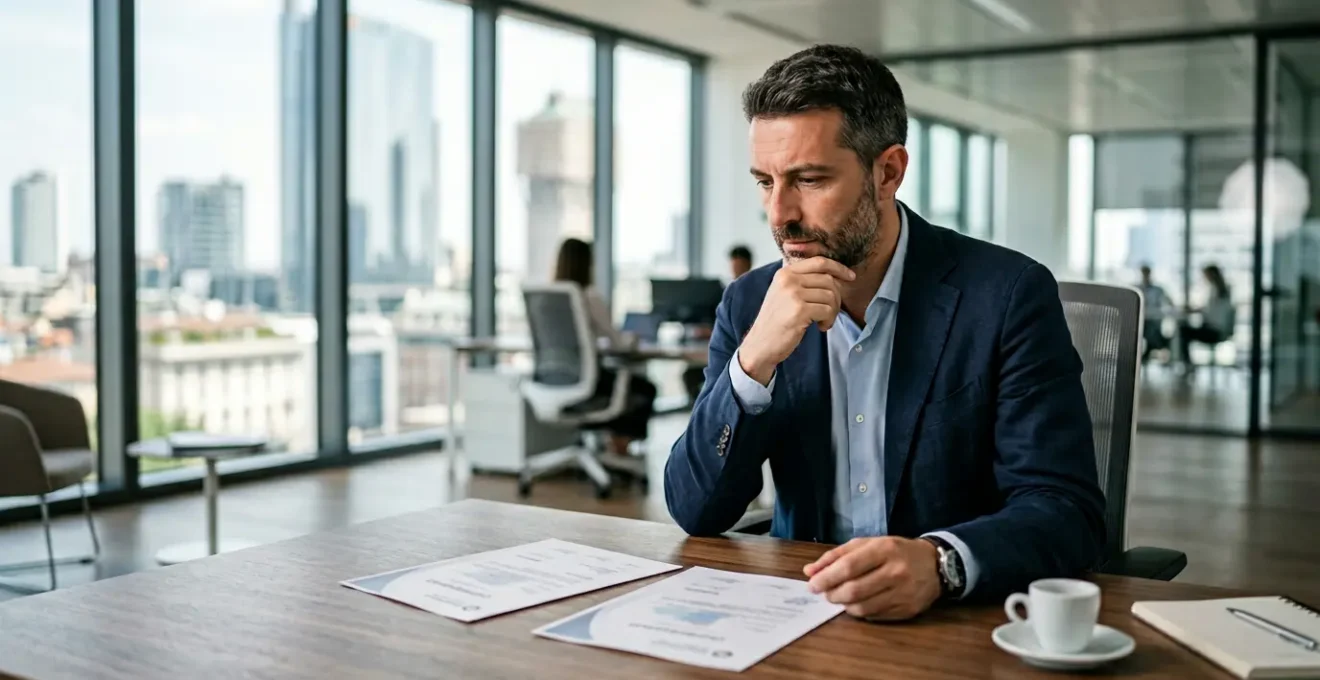 Project manager italiano che confronta certificazioni professionali in ufficio moderno