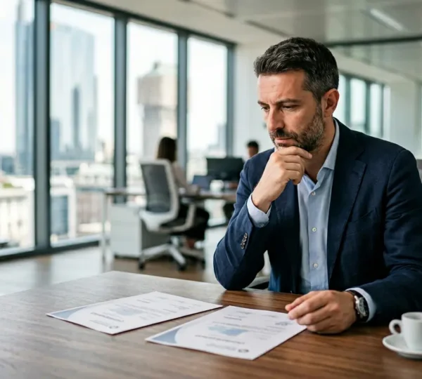 Project manager italiano che confronta certificazioni professionali in ufficio moderno