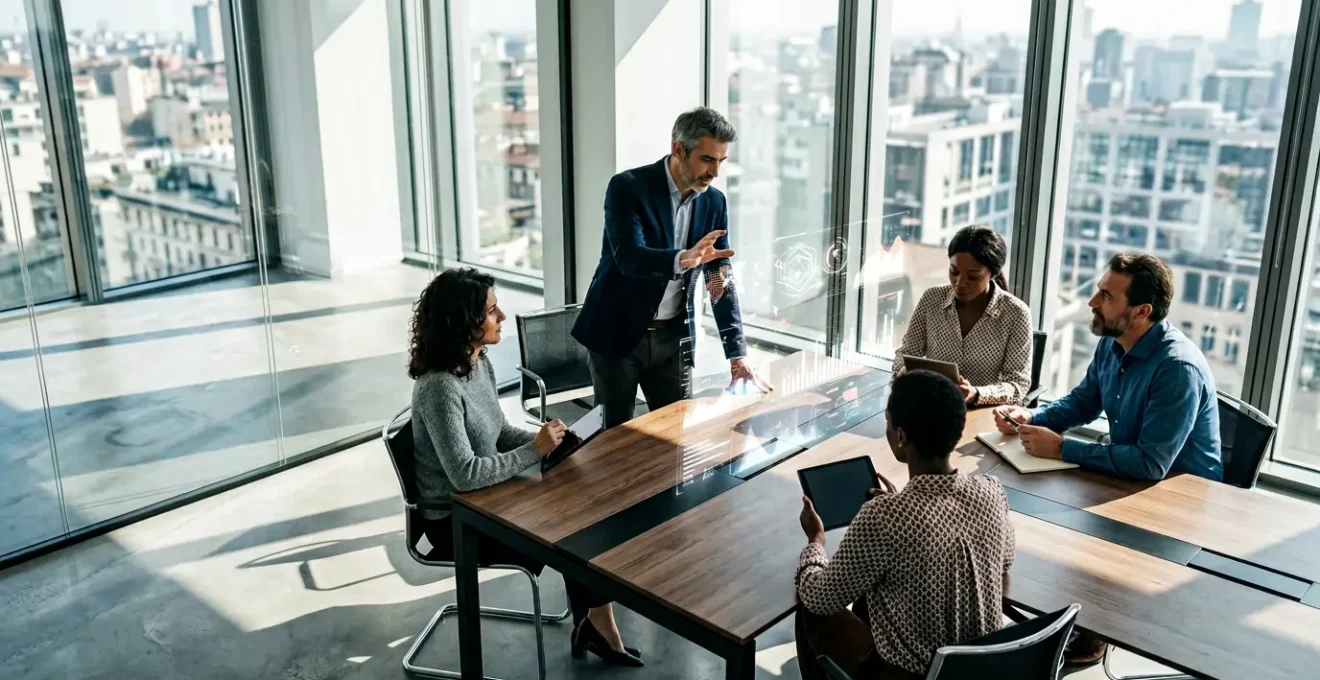 Manager e professionisti collaborano in ufficio moderno con documenti e grafici digitali, rappresentando la produttività aumentata dall'AI