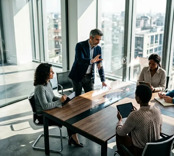 Manager e professionisti collaborano in ufficio moderno con documenti e grafici digitali, rappresentando la produttività aumentata dall'AI