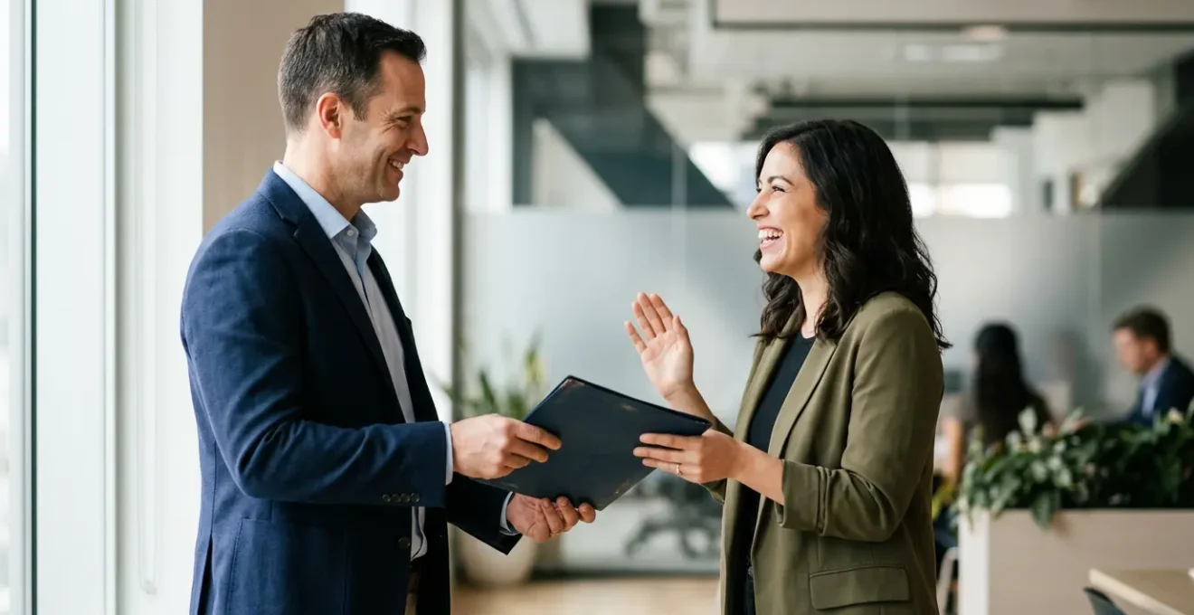 Due professionisti sorridenti in un ambiente aziendale moderno che si stringono la mano, con elementi visivi che rappresentano la crescita e la connessione