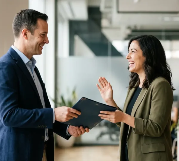 Due professionisti sorridenti in un ambiente aziendale moderno che si stringono la mano, con elementi visivi che rappresentano la crescita e la connessione