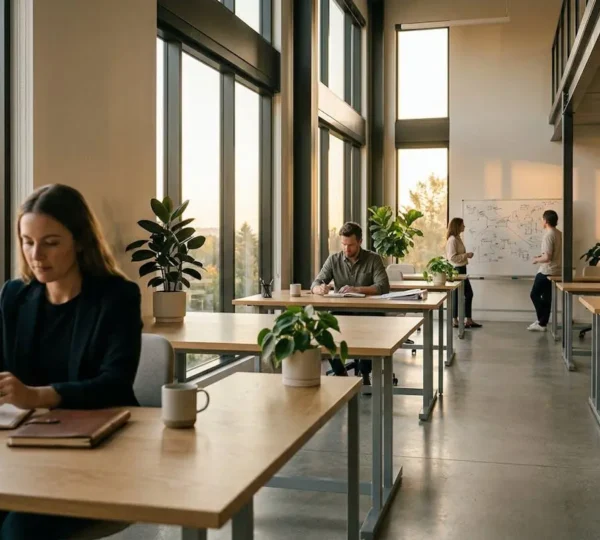 Team di lavoro in ambiente ufficio moderno con luce naturale e focus sulla collaborazione senza distrazioni digitali