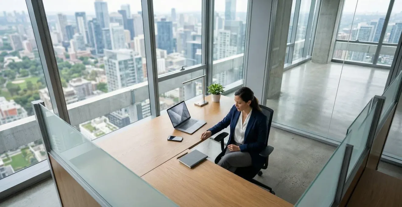 Vista dall'alto di un professionista executive in ambiente moderno di lavoro con dispositivi tecnologici