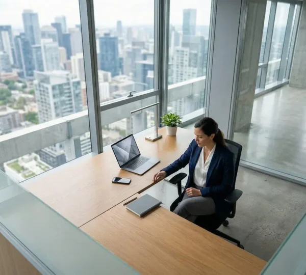 Vista dall'alto di un professionista executive in ambiente moderno di lavoro con dispositivi tecnologici