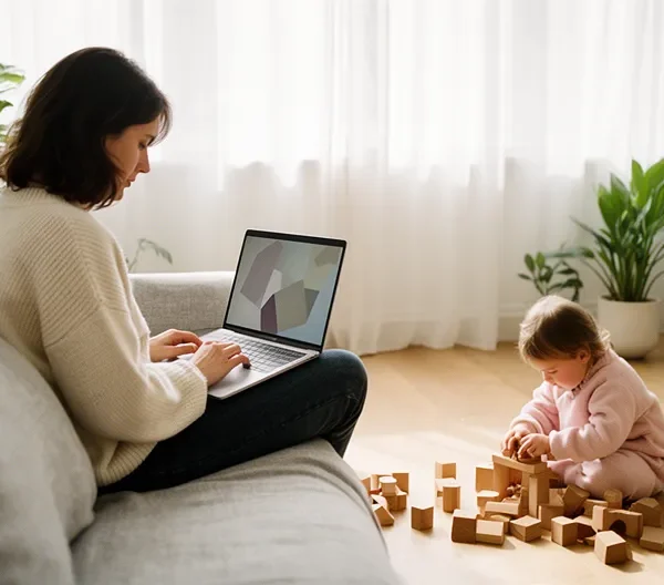 Genitore con bambino che studia serenamente sul divano con laptop mentre il piccolo gioca accanto