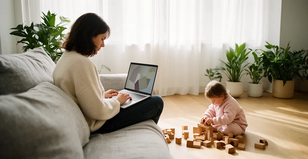 Genitore con bambino che studia serenamente sul divano con laptop mentre il piccolo gioca accanto