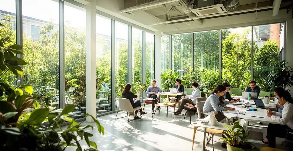 Team aziendale in riunione ibrida con alcuni colleghi in presenza e altri connessi da remoto, in un ambiente di lavoro luminoso e sostenibile