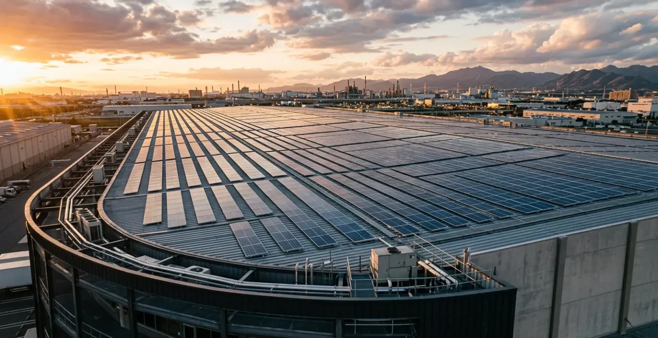 Pannelli solari su tetto di capannone industriale con cielo soleggiato