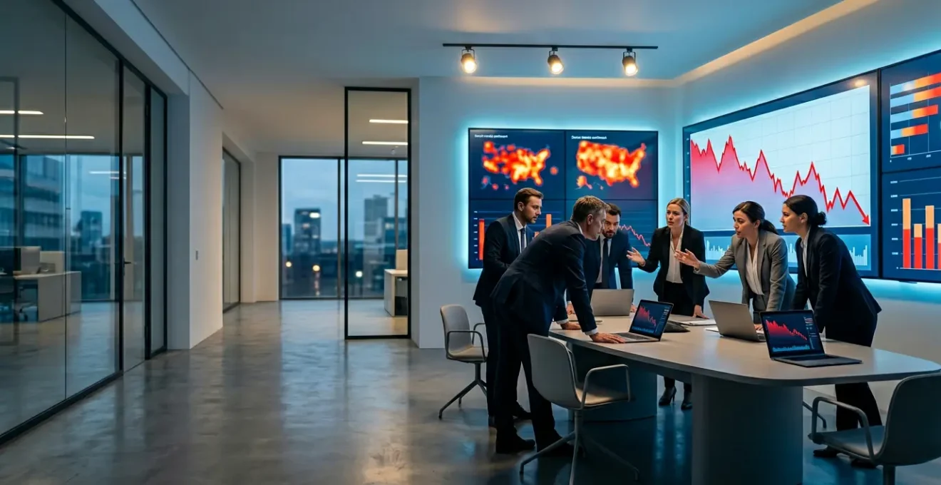 Dirigenti aziendali analizzano dati su monitor multipli in una sala controllo crisi durante uno scandalo mediatico online