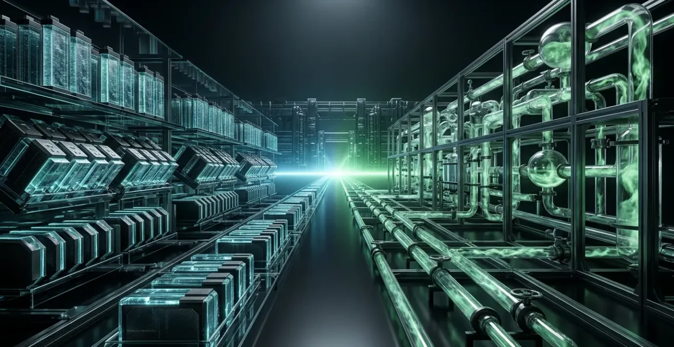 Confronto visivo tra tecnologie di idrogeno verde e batterie allo stato solido per investimenti futuri