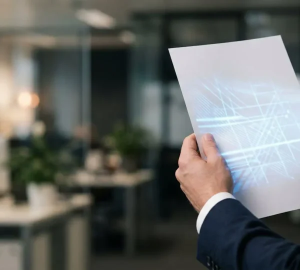 Una mano umana che tiene un curriculum mentre un fascio di luce digitale lo analizza, simboleggiando la scansione ATS