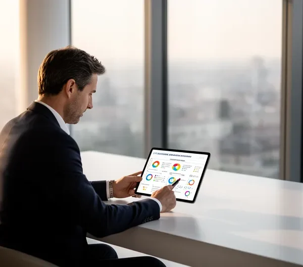 Leader aziendale che analizza grafici di crescita delle competenze interne su tablet in ufficio moderno