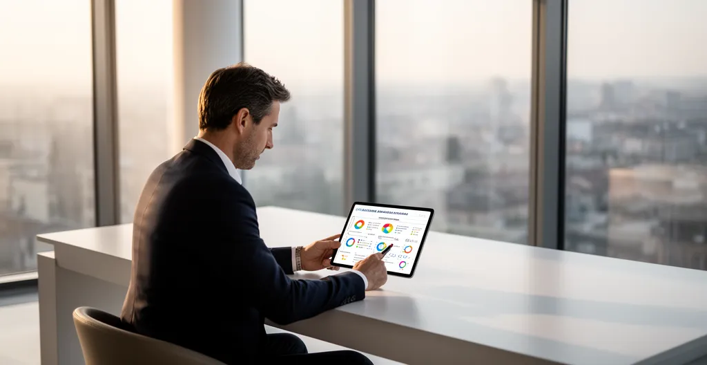 Leader aziendale che analizza grafici di crescita delle competenze interne su tablet in ufficio moderno