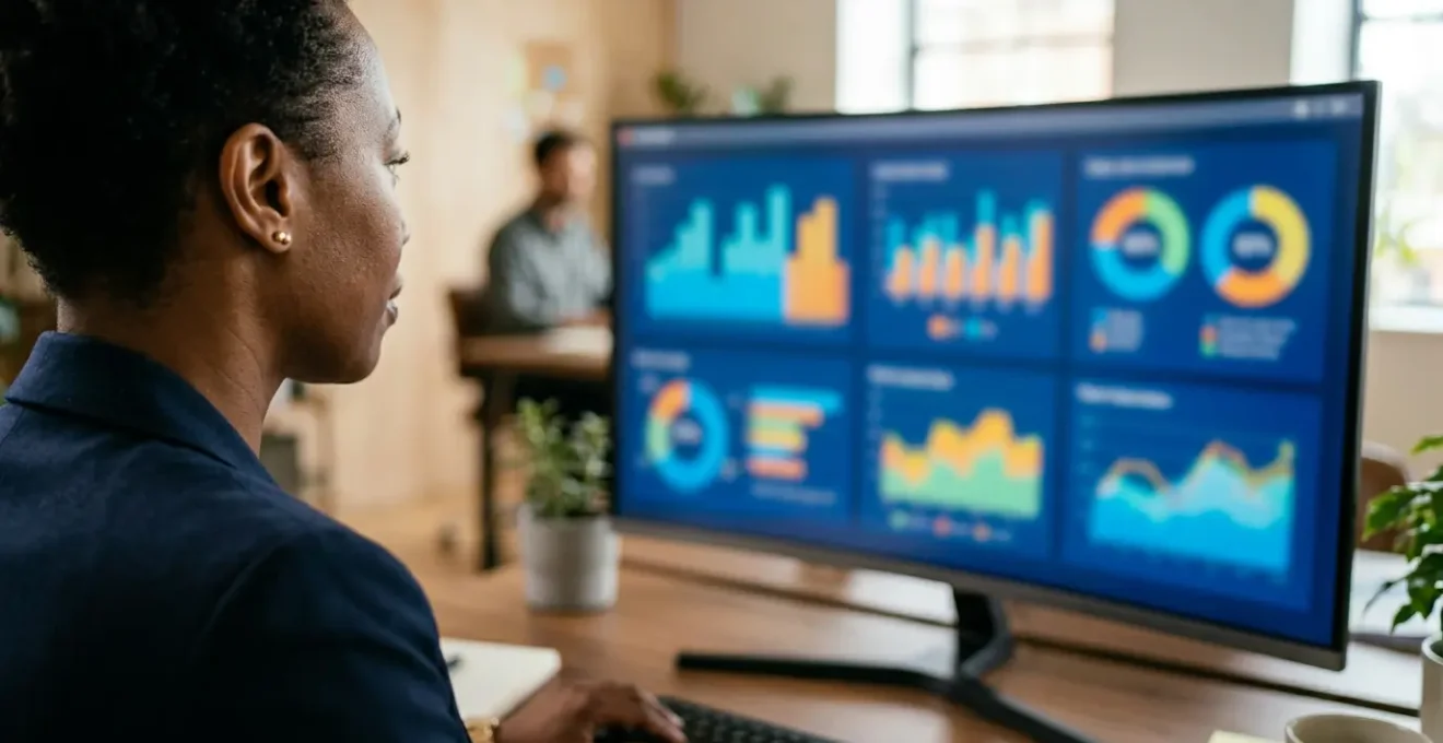 Manager che analizza dati aziendali su dashboard interattivo senza supporto IT