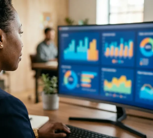 Manager che analizza dati aziendali su dashboard interattivo senza supporto IT