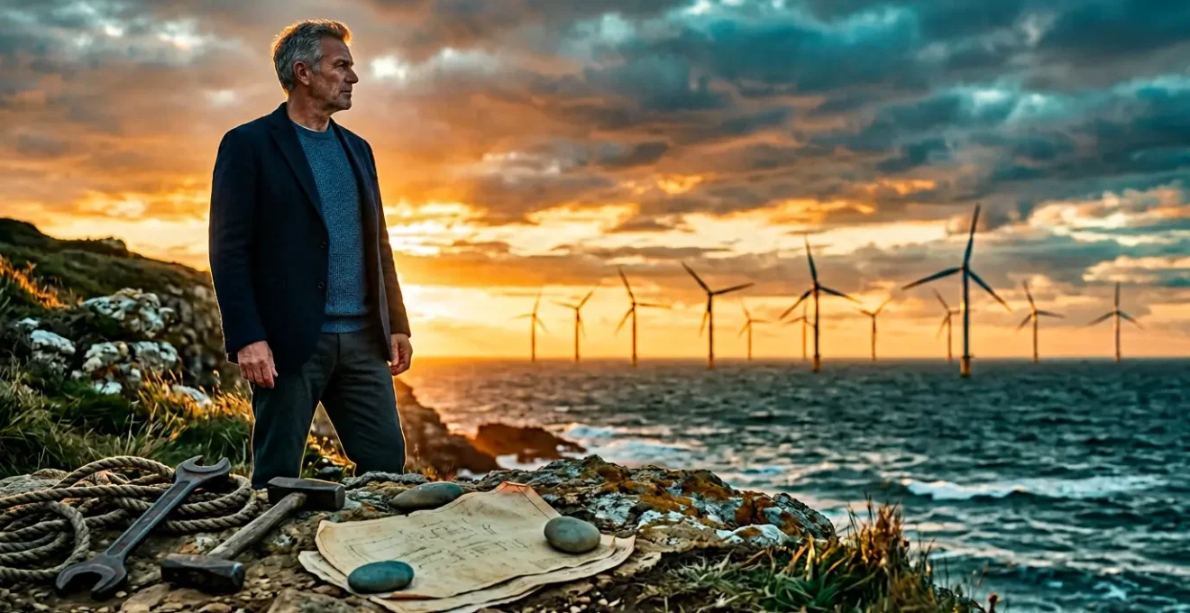 Manager del settore oil & gas osserva un parco eolico all'orizzonte, simboleggiando la transizione energetica