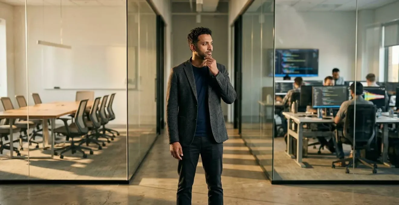 Un sviluppatore senior riflette davanti a due percorsi di carriera divergenti in un moderno ufficio tech