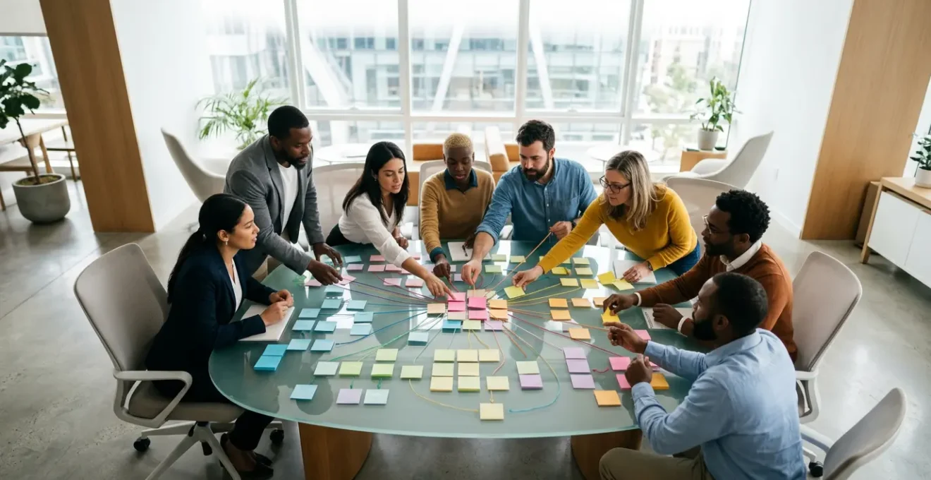 Vista aerea di professionisti che collaborano attorno a un grande diagramma di flusso colorato su un tavolo luminoso