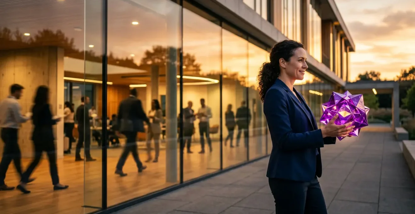 Una mucca viola straordinaria che emerge dal gruppo in un paesaggio innovativo di formazione