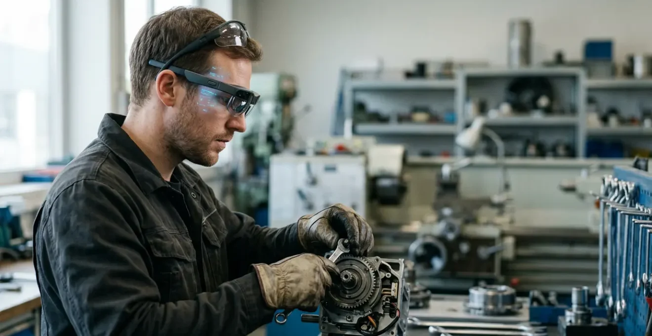 Operaio industriale indossa occhiali per realtà aumentata mentre lavora su una linea di assemblaggio in un ambiente di fabbrica moderna