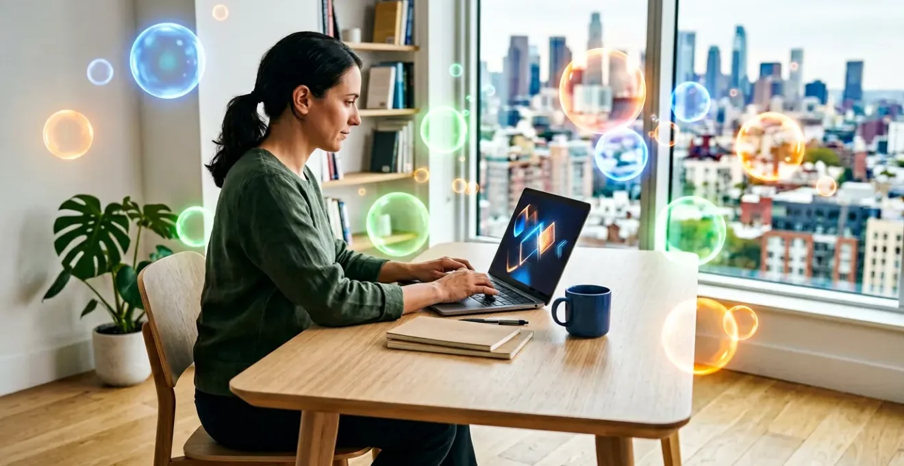 Persona che studia su laptop circondato da libri digitali e icone di apprendimento