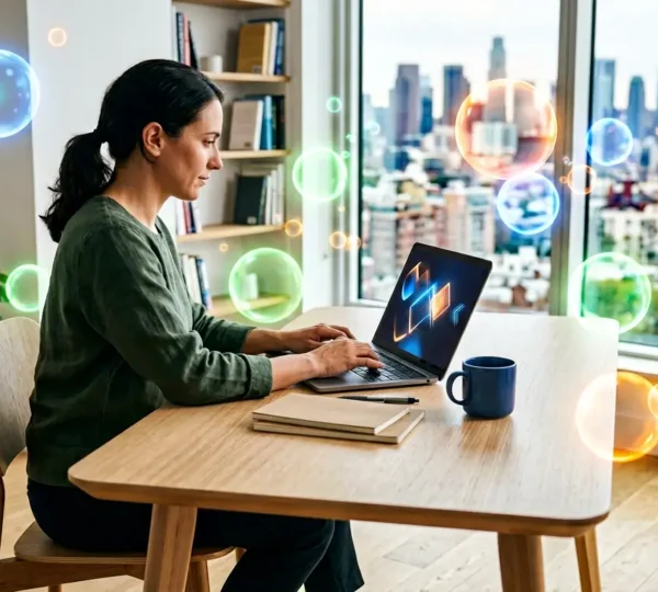 Persona che studia su laptop circondato da libri digitali e icone di apprendimento