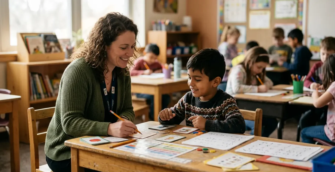 Aula scolastica inclusiva con studenti e insegnante che lavorano insieme su documenti personalizzati