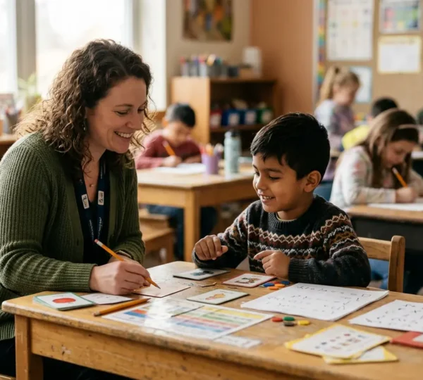 Aula scolastica inclusiva con studenti e insegnante che lavorano insieme su documenti personalizzati