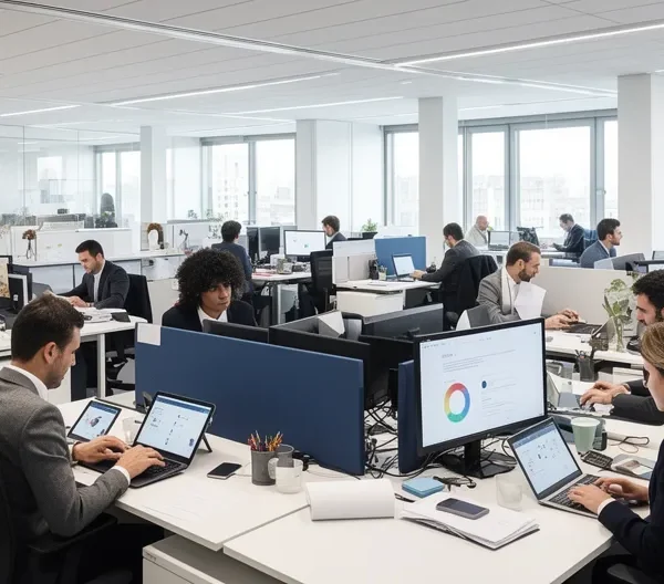 Azienda moderna con team che utilizza piattaforma LMS su diversi dispositivi per formazione scalabile
