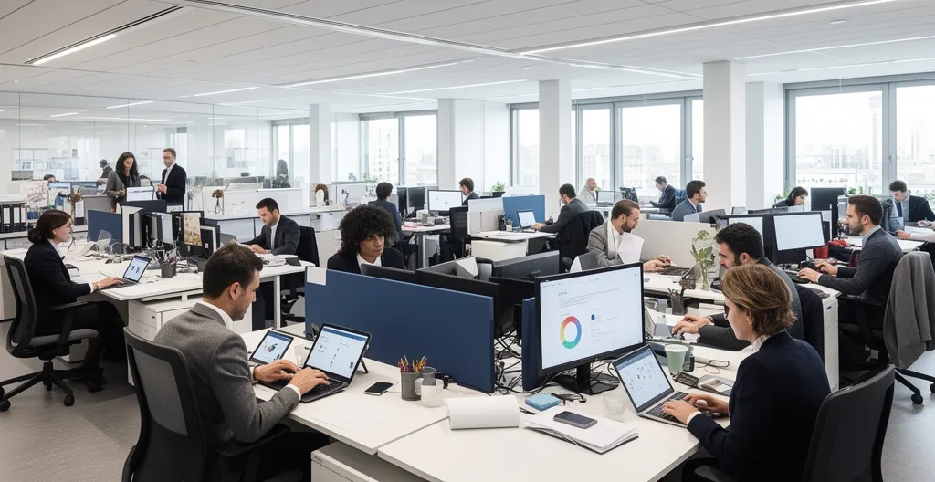 Azienda moderna con team che utilizza piattaforma LMS su diversi dispositivi per formazione scalabile