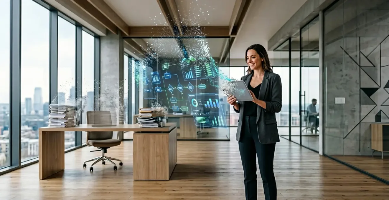 Manager che supervisiona un sistema automatizzato di gestione workflow in un ambiente di lavoro moderno