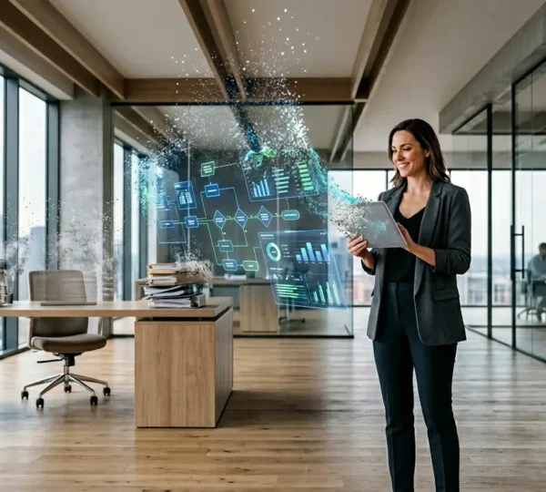 Manager che supervisiona un sistema automatizzato di gestione workflow in un ambiente di lavoro moderno