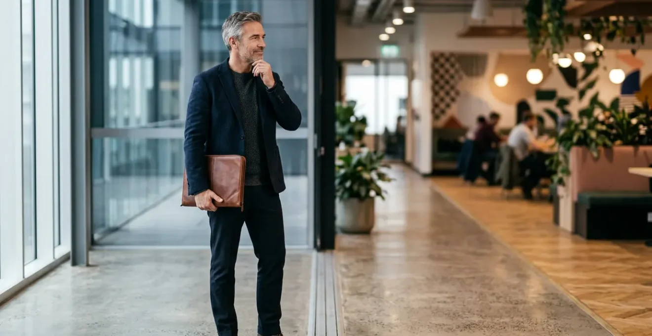 Professionista maturo che guarda verso nuovi orizzonti professionali con fiducia