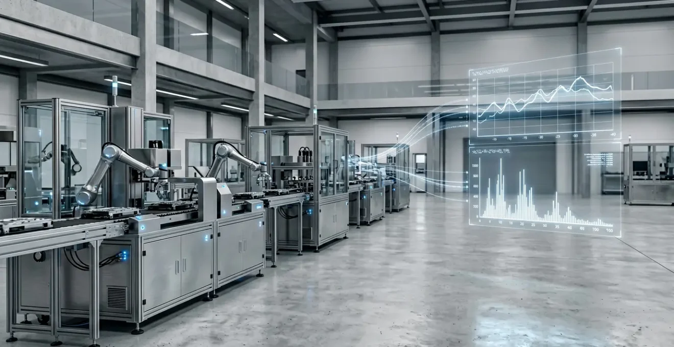 Sensori IoT integrati in una linea di produzione industriale con visualizzazione dati in tempo reale