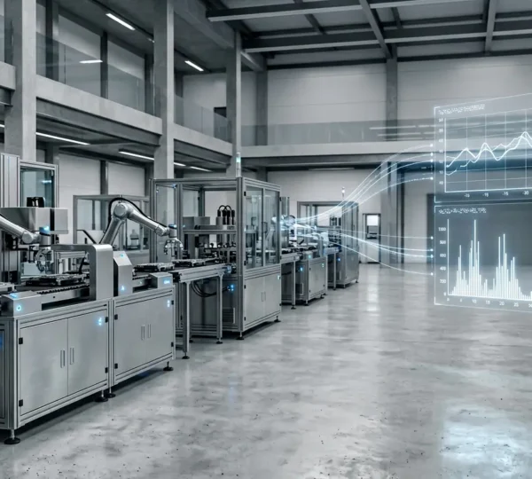 Sensori IoT integrati in una linea di produzione industriale con visualizzazione dati in tempo reale