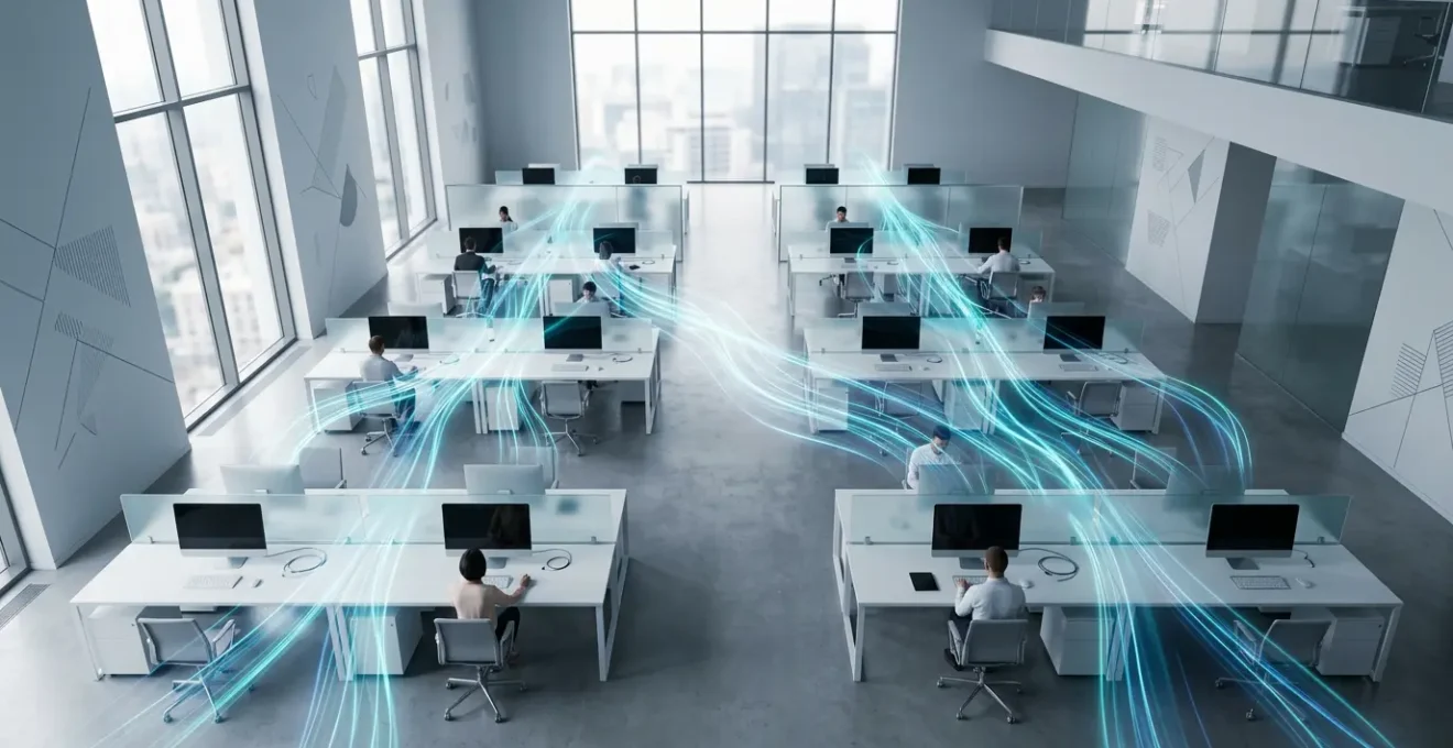 Vista aerea di un moderno ufficio open space con dispositivi intelligenti interconnessi visualizzati come flussi luminosi di dati tra le postazioni di lavoro