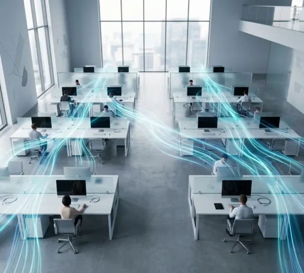 Vista aerea di un moderno ufficio open space con dispositivi intelligenti interconnessi visualizzati come flussi luminosi di dati tra le postazioni di lavoro