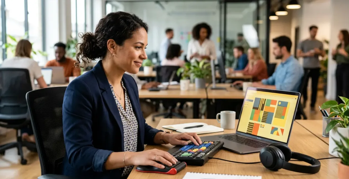 Un lavoratore con dislessia utilizza strumenti tecnologici compensativi in un ambiente di lavoro moderno e inclusivo