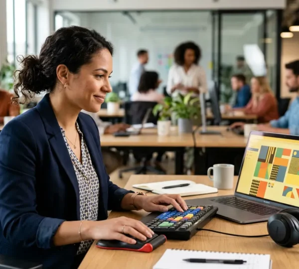 Un lavoratore con dislessia utilizza strumenti tecnologici compensativi in un ambiente di lavoro moderno e inclusivo