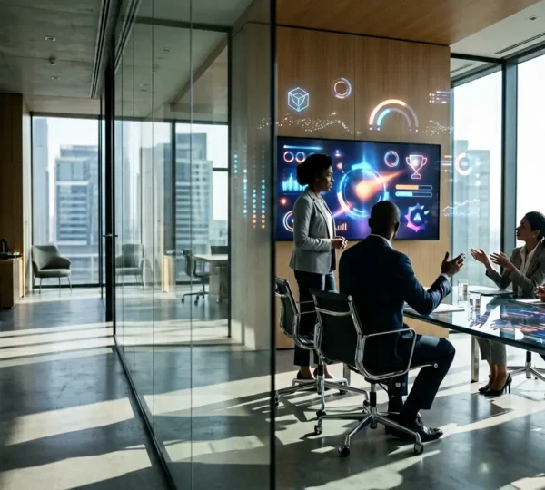 Sala riunioni aziendale moderna con professionisti che osservano dashboard interattive su schermi ampi
