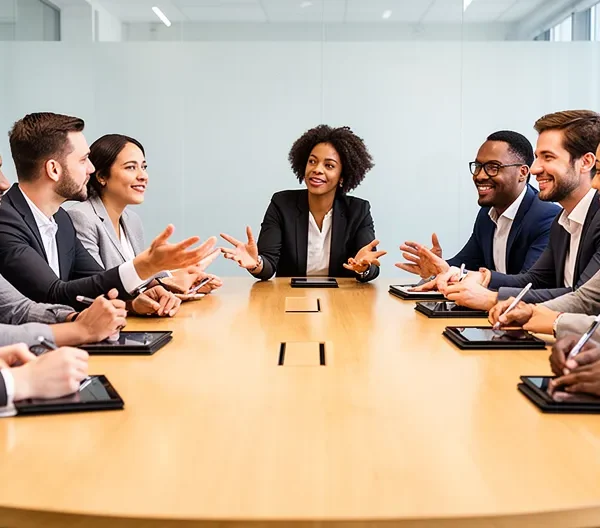 Gruppo di professionisti coinvolti in attività formative interattive in un ambiente aziendale moderno