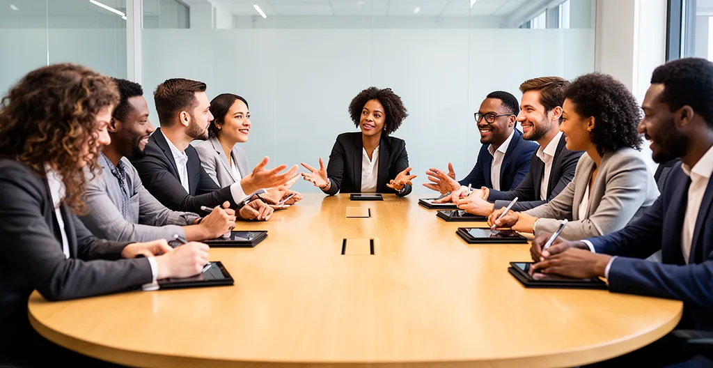Gruppo di professionisti coinvolti in attività formative interattive in un ambiente aziendale moderno