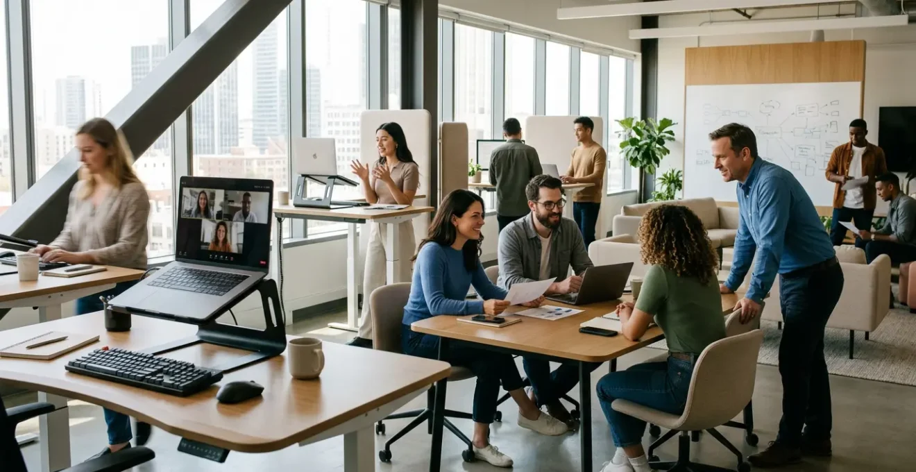 Professionisti che collaborano in un ambiente di lavoro ibrido con tecnologia e spazi ergonomici